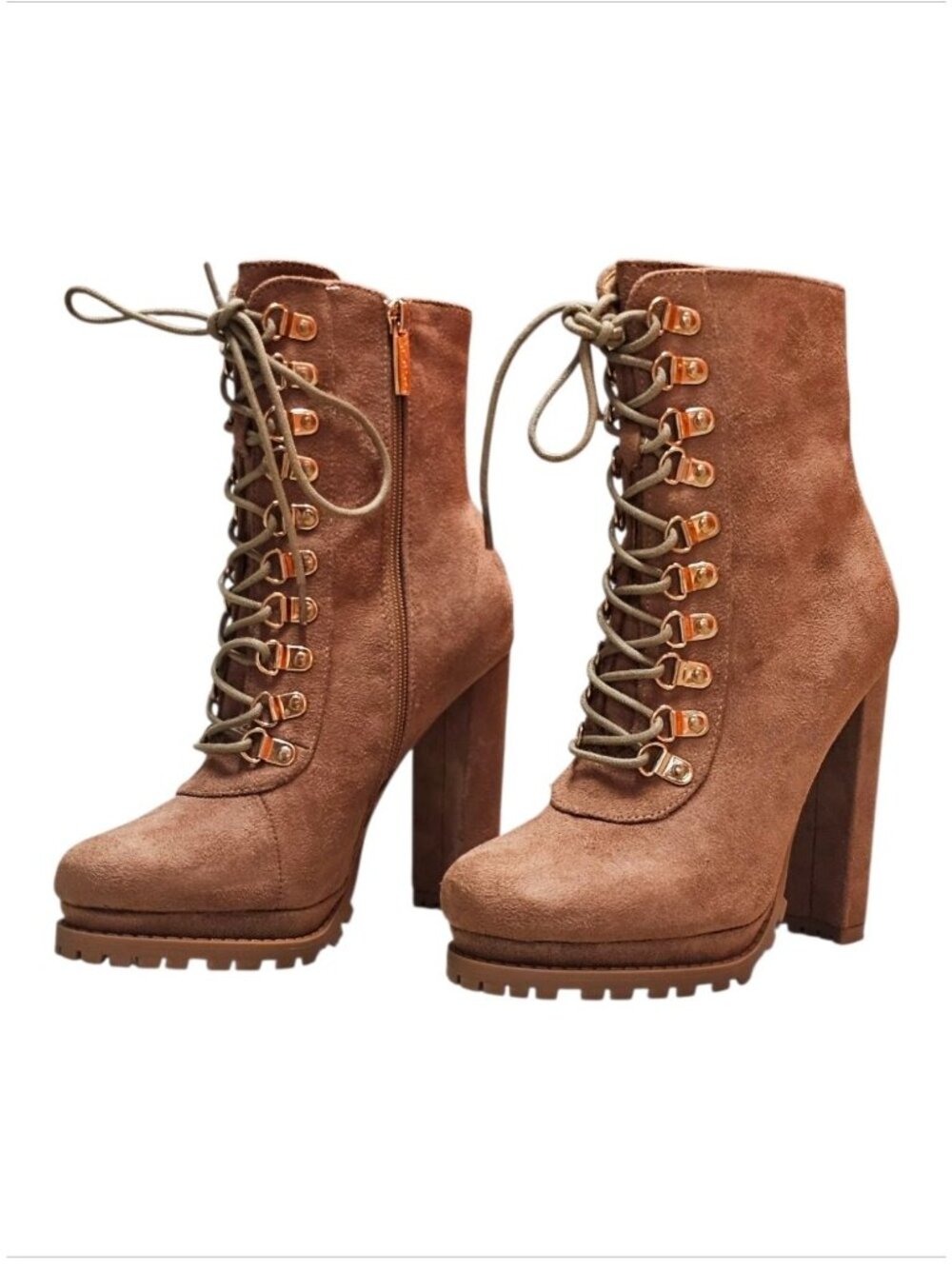 Faux Suede Lace-Up High Heel Platform Boots Taupe Womens Size 6.5 - Picture 9 of 15
